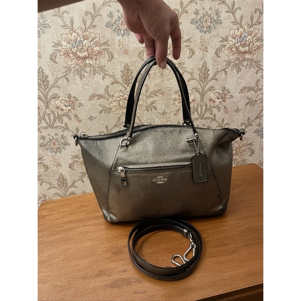 Coach Kelsey Satchel Womens Handbag Med Pewter Metallic Leather Crossbody 36325